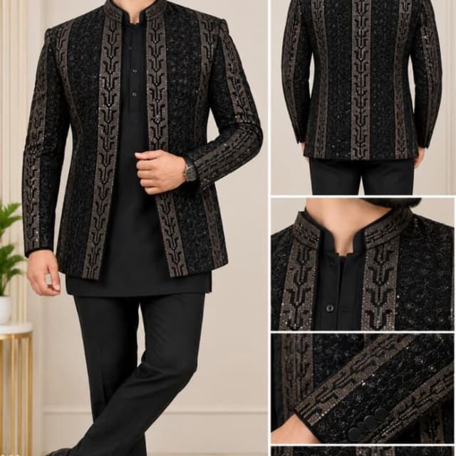 Black with bronze and metallic gold detailing Jodhpuri / Sherwani Jacket