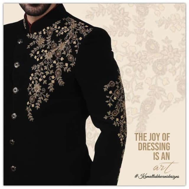 Black with Gold embroidery and red inner lining details Sherwani
