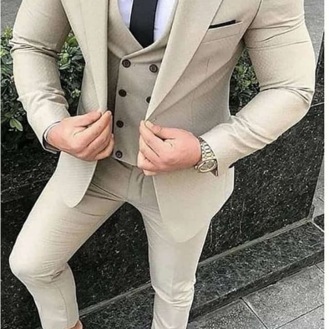 Beige, Off-White, Black Three-piece suit
