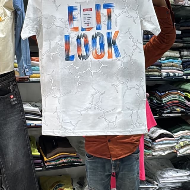 White background with grey, orange, and blue graphic text T-shirt