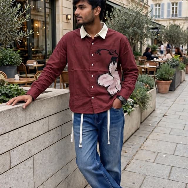 Maroon, off-white, and classic blue denim Shirt