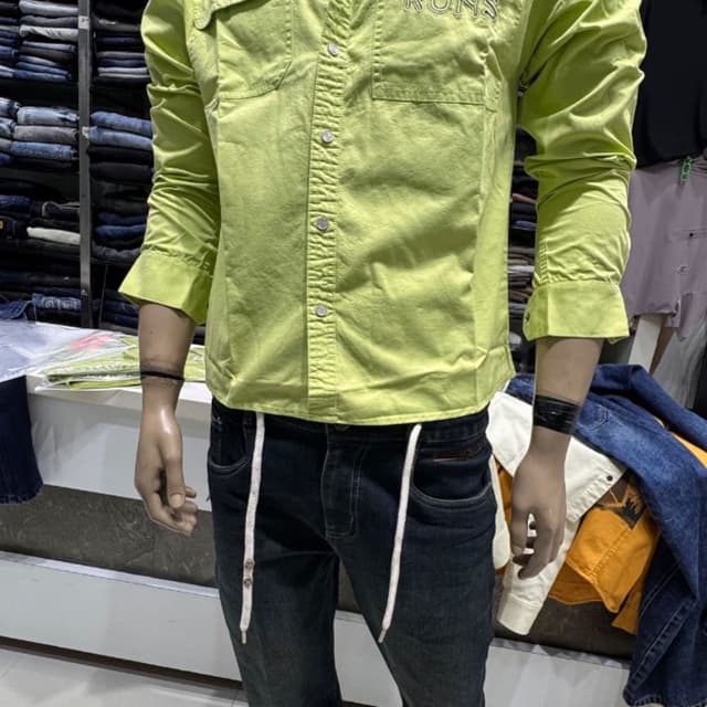Neon lime green shirt, dark wash blue jeans Shirt and Jeans set