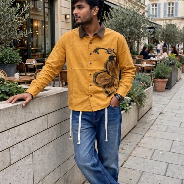 Mustard Yellow, Dark Brown, Blue, White Shirt