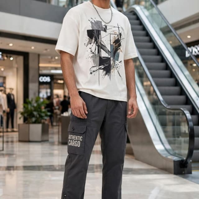 Off-white t-shirt with black graphic print, Charcoal grey trousers Cargo pants and Graphic t-shirt outfit