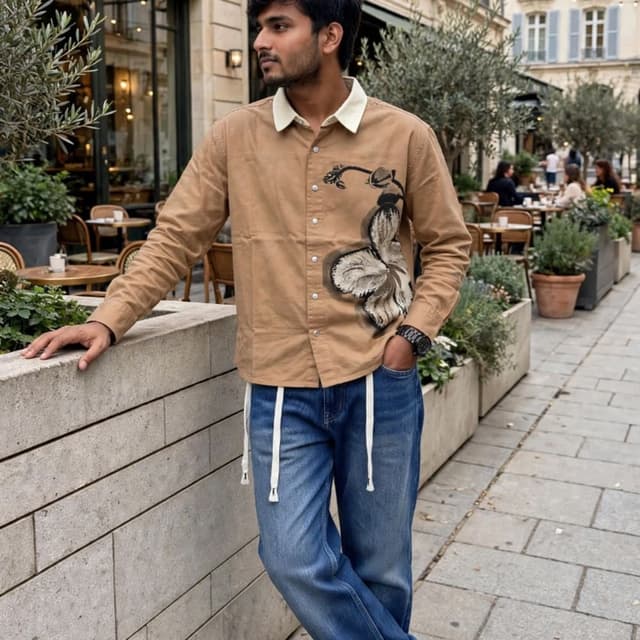 Tan, brown, cream, blue, white Shirt