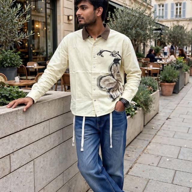 Cream, Brown, Blue, White Shirt
