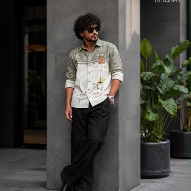 Olive green, off-white, cream, and orange accents Shirt