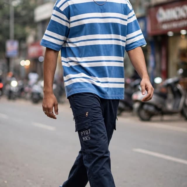 Blue, White, and Navy T-shirt and Cargo pants outfit