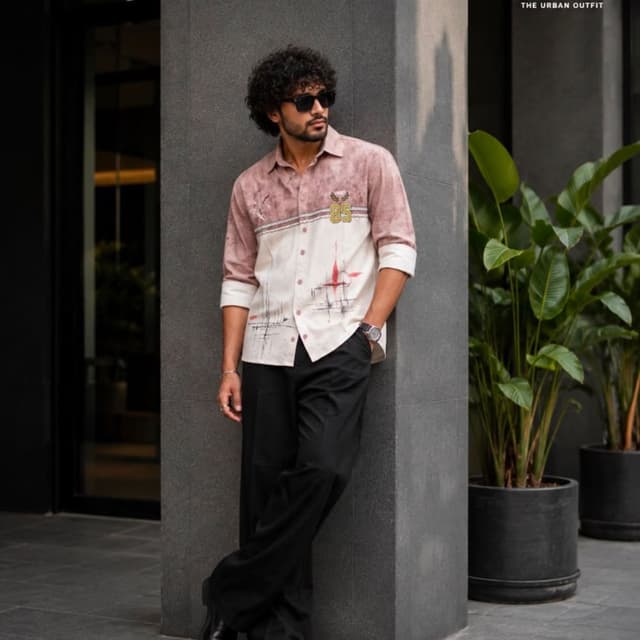Mauve/Dusty Rose, Off-White, Red accents, and Yellow text Shirt