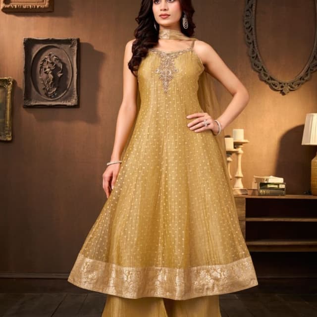 Golden, Metallic Gold Anarkali Suit Set (Kurti with Palazzo pants)