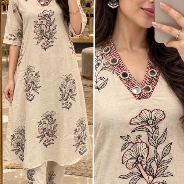 Beige base with maroon and black floral accents Kurta Set