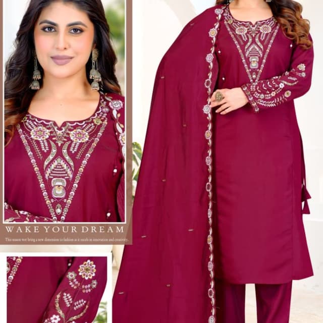 Maroon, White, Gold Salwar Kameez Set