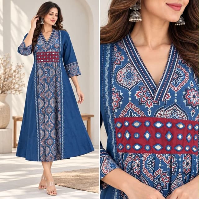 Deep blue, maroon, white, and subtle hints of light blue Kurti Dress