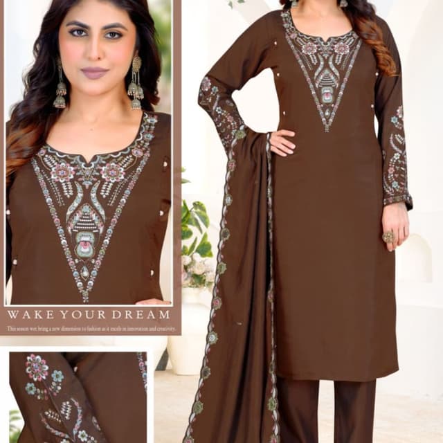 Solid dark brown with multi-colored embroidery (pink, blue, green, white) Salwar Kameez Set
