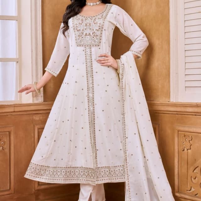 Off-white or Cream base with Gold and Beige accents Anarkali Suit Set (Kurta, Pants, and Dupatta)