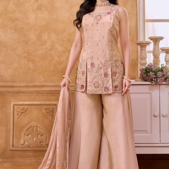 Champagne gold, soft pink, and muted metallic tones Kurta set with palazzo pants and dupatta