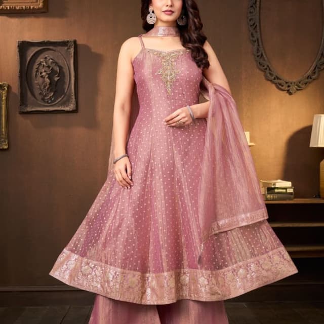 Dusty mauve, rose gold, metallic gold Anarkali Suit Set (Kurta, Palazzo, Dupatta)