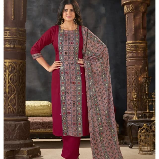 Deep maroon, multi-colored geometric pattern in muted tones Salwar Suit