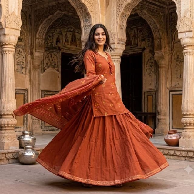 Rust Orange, Terracotta, Burnt Orange Kurta Set with Skirt and Dupatta