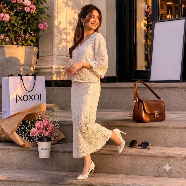 Off-white or Cream Two-piece set (blouse and skirt)
