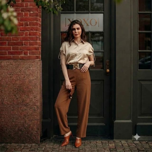 Champagne gold, chocolate brown, tan Blouse and Trousers set