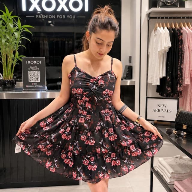 Black base with pink, red, and white floral accents Dress