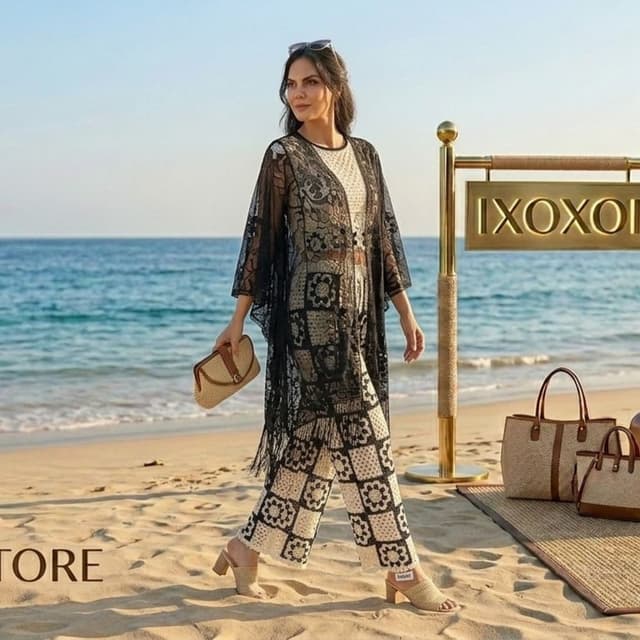 Black and Cream Two-piece crochet set with kimono cover-up
