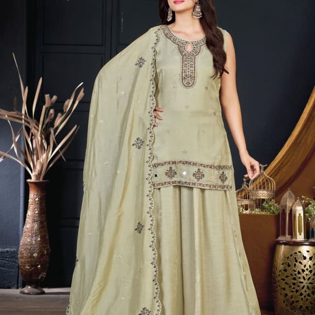 Sage Green with multi-colored thread work and metallic accents Sharara Suit Set