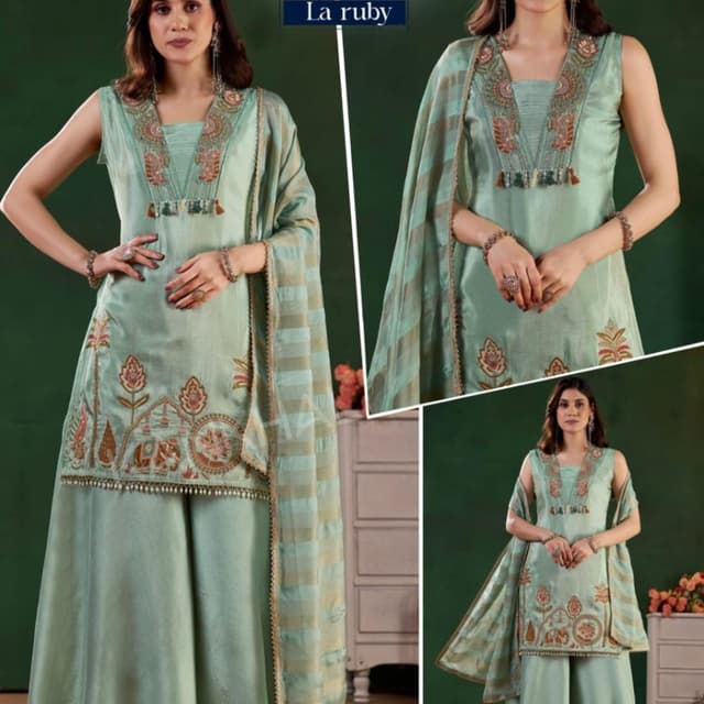 Pastel Mint Green with copper and rust embroidery accents Sharara Set