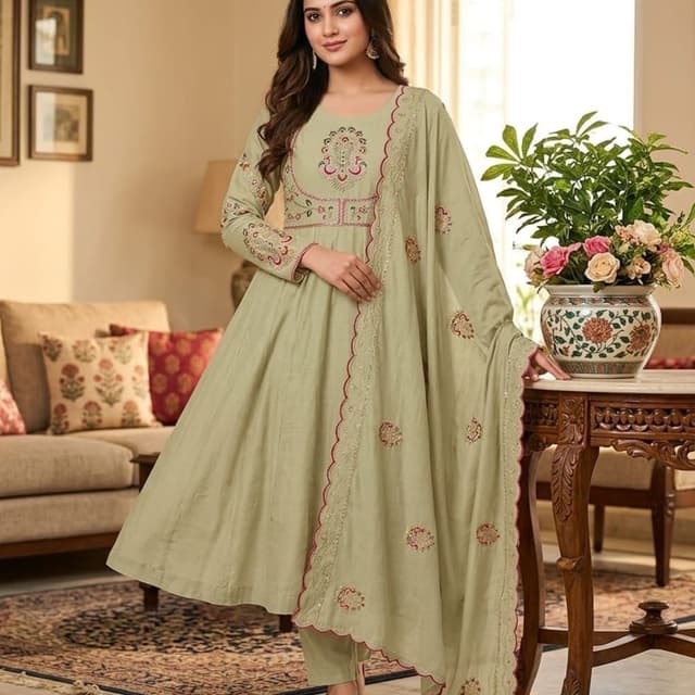 Sage green base with pink and maroon embroidery accents Anarkali Suit Set