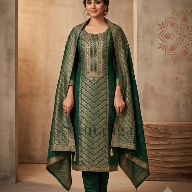 Emerald Green and Gold Salwar Kameez with Dupatta