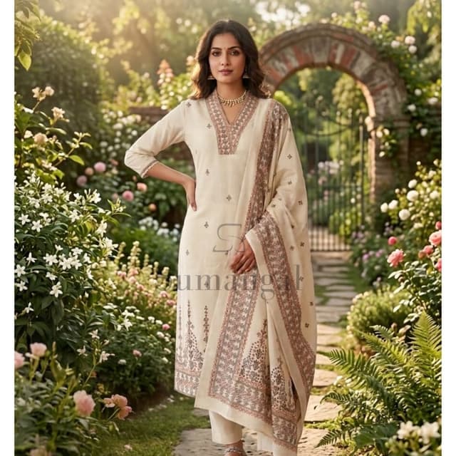 Off-white base with maroon or deep rust floral embroidery Kurta Set with Dupatta
