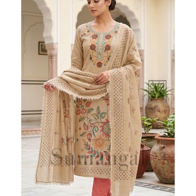 Beige, Peach, Teal, Rust Orange Salwar Kameez