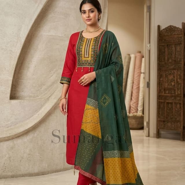 Red, Dark Green, Mustard Yellow Salwar Kameez