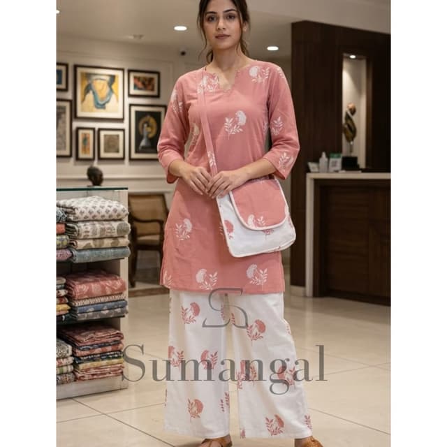 Dusty pink and white Kurti and Palazzo Set