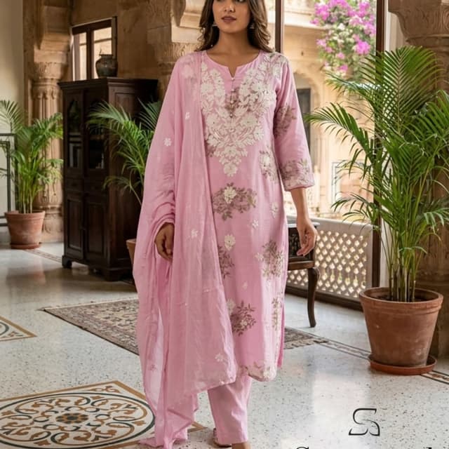 Pastel pink, white Salwar Kameez Set