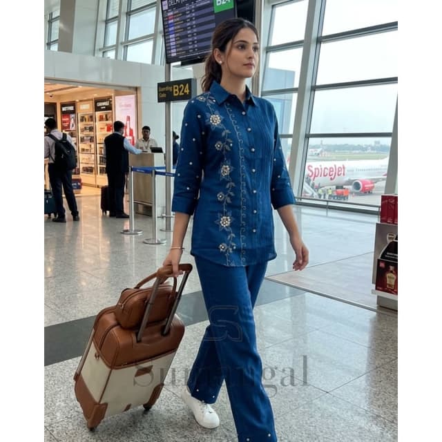 Deep Blue, Indigo, White Co-ord Set (Tunic and Pant)