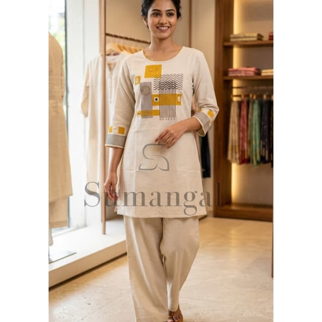 Off-white or beige base with yellow and dark grey accents Kurti and Palazzo Set