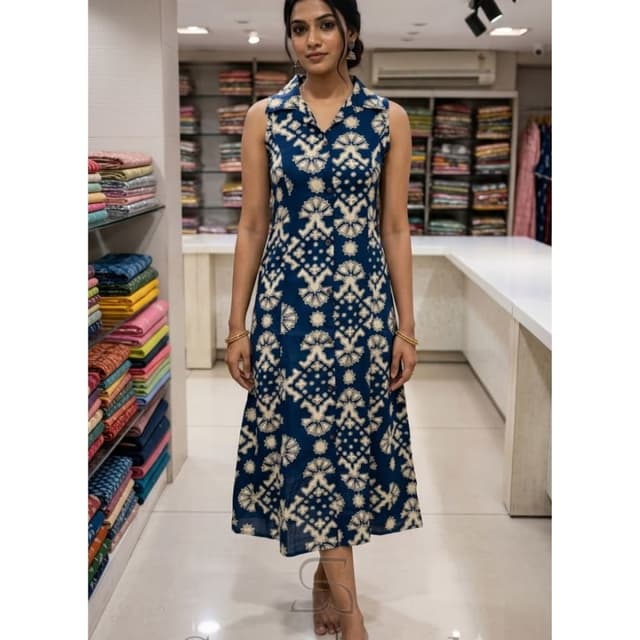 Deep blue with off-white or cream print Kurti Dress