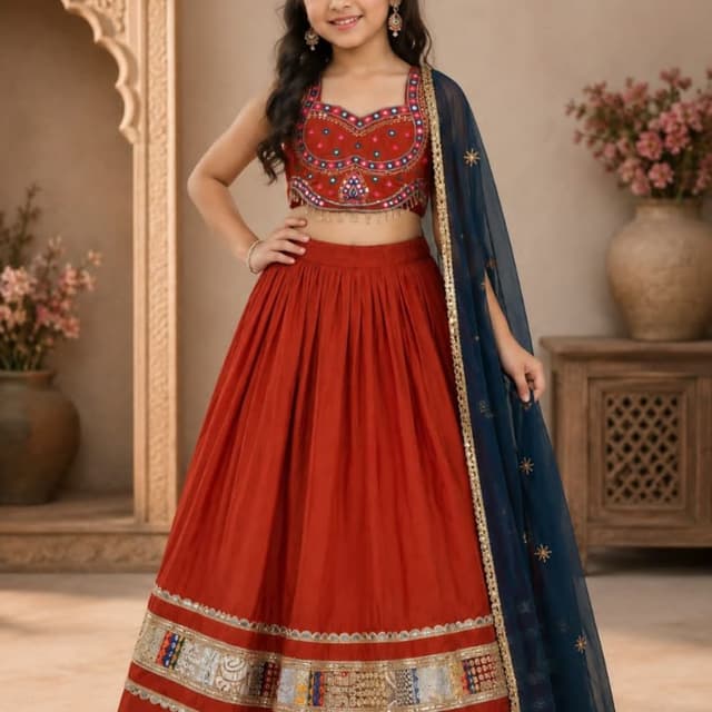 Rust red, navy blue, gold, and multi-color accents Lehenga Choli