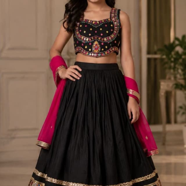 Black, Hot Pink, Multi-colored accents, Gold Lehenga Choli