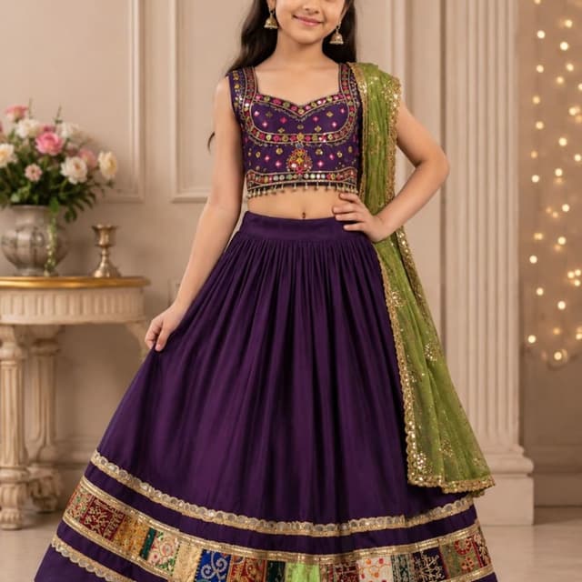 Deep purple base with contrasting lime green dupatta and multi-colored patch border Lehenga Choli