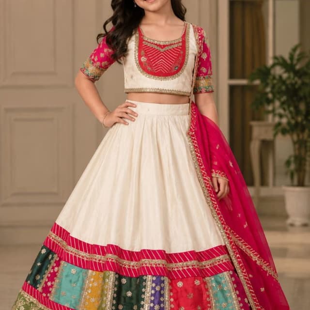 Off-white, hot pink, gold, green, yellow, purple Lehenga Choli