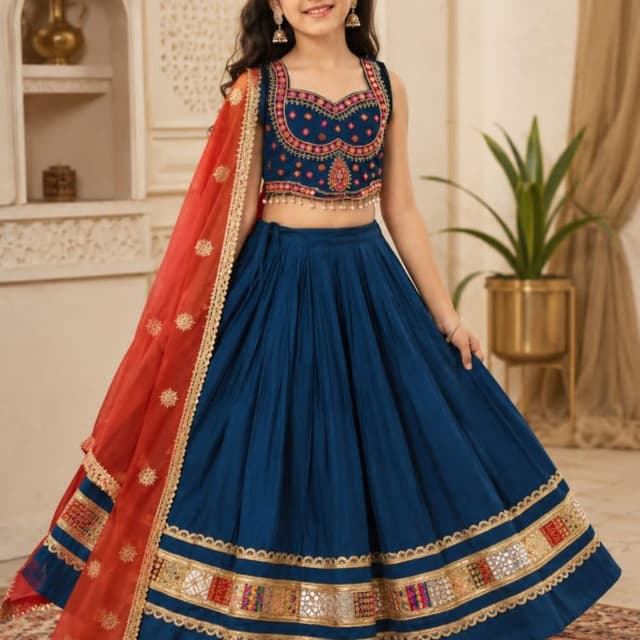 Deep blue, vibrant orange, gold Lehenga Choli