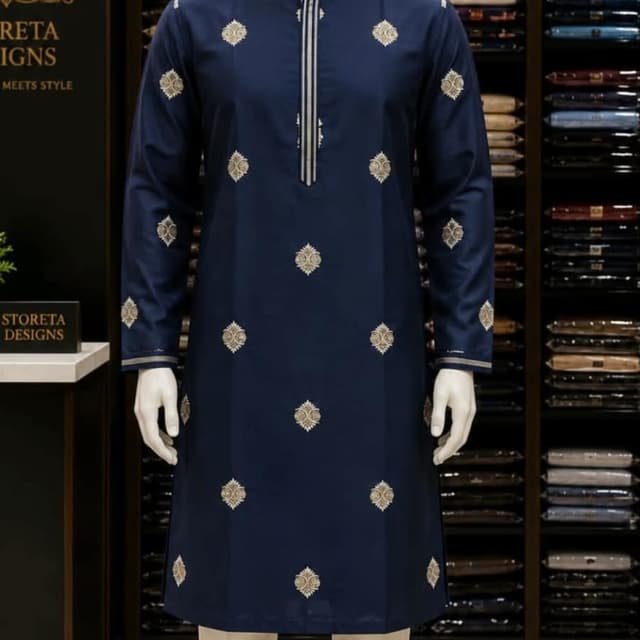 Navy blue base with gold or off-white embroidery Kurta