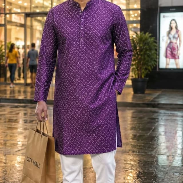 Deep purple base with silver or light-colored geometric pattern Kurta