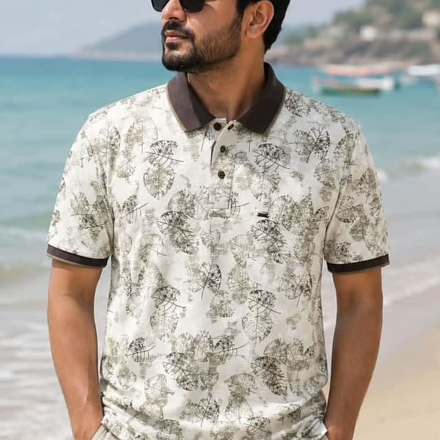 Off-white base with olive green leaf print and dark brown collar and sleeve trim Polo Shirt