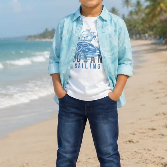 Light blue, white, and dark blue Outfit (Shirt, T-shirt, Jeans)