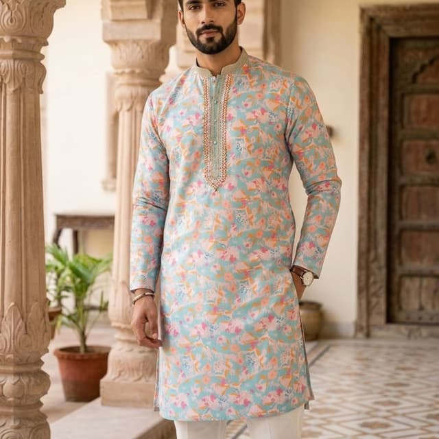 Light blue base with soft pink, peach, and white floral accents Kurta