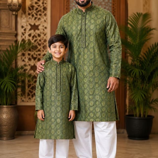 Olive green, dark forest green, and crisp white Kurta with Pajama